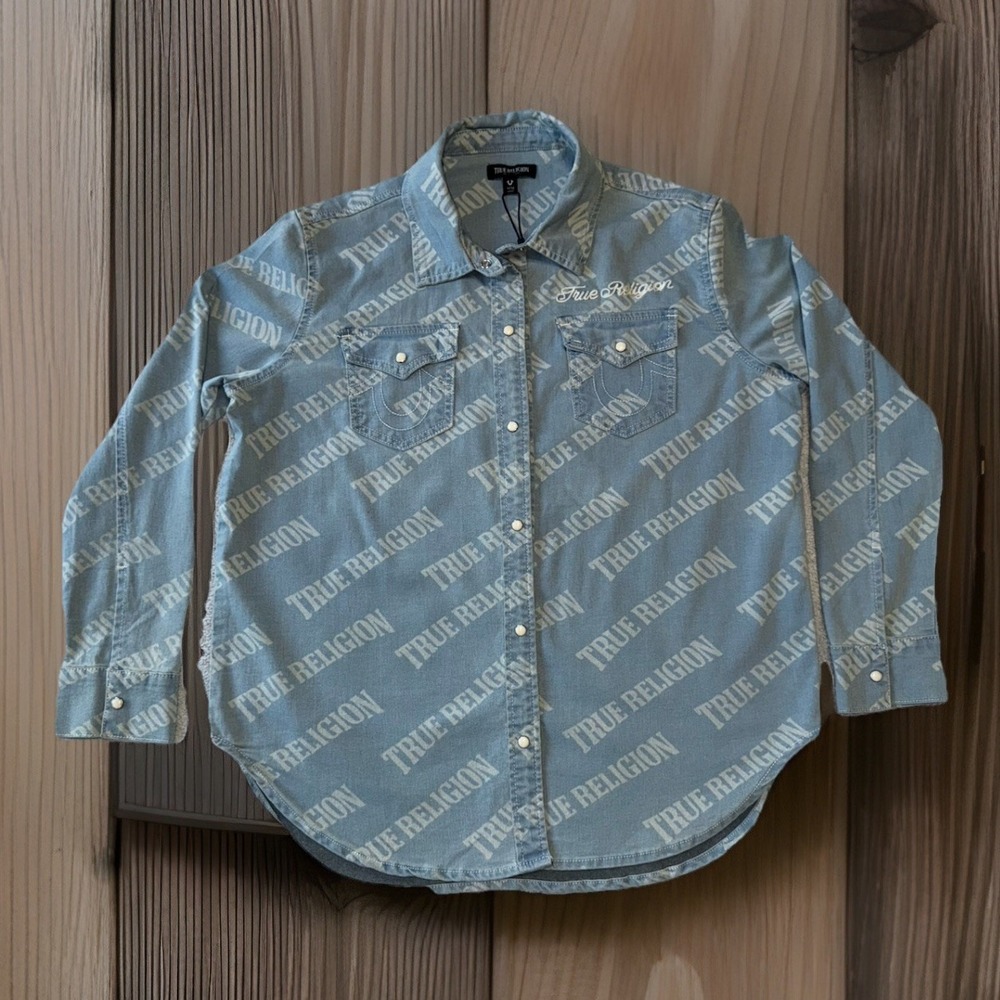 NWT True Religion Light Blue Button Down Denim Long Sleeve Shirt Womens Size M